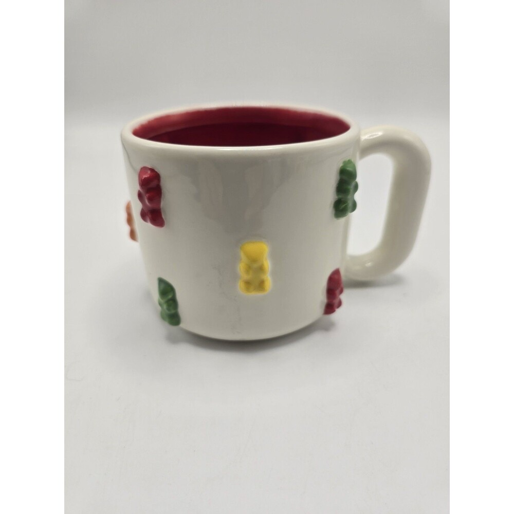 Haribo Gummy Bear Ceramic Mug 16oz White Red Inside 3D Raised Figures Rare NWOT